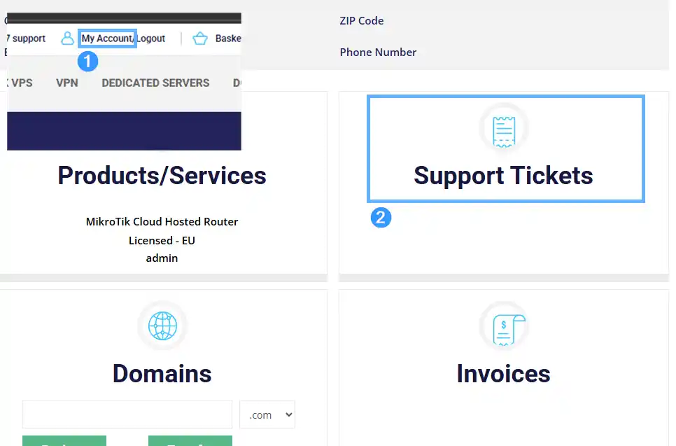 BGOcloud client area dashboard with My Account highlighted in the top navigation bar (1) and the Support Tickets tile highlighted (2), alongside Products/Services, Domains, and Invoices tiles