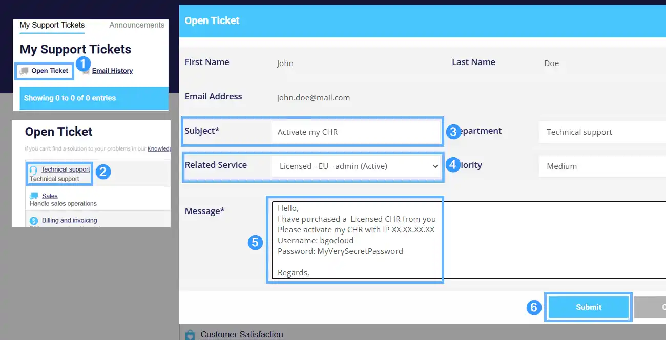 BGOcloud Open Ticket form showing: Open Ticket button (1), Technical support department selected (2), Subject field with 'Activate my CHR' (3), Related Service set to the Licensed CHR (4), message body containing the router IP address, username bgocloud and password (5), and the Submit button (6)