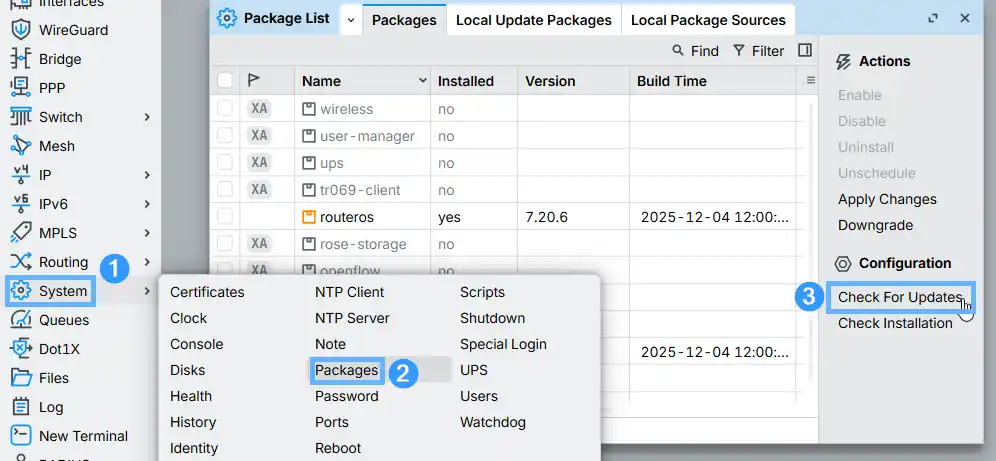 RouterOS Package Manager in WinBox — System > Packages window showing routeros 7.20.6 installed and the Check For Updates button highlighted