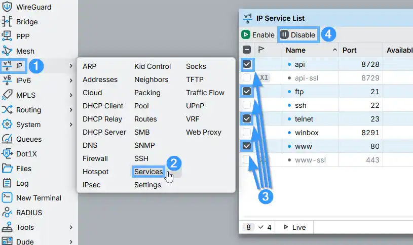routeros - ip Service List window