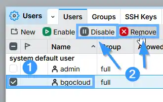 RouterOS System > Users list showing the bgocloud user selected with arrows pointing to the Disable button (to keep the account inactive) and the Remove button (to delete it) in the toolbar