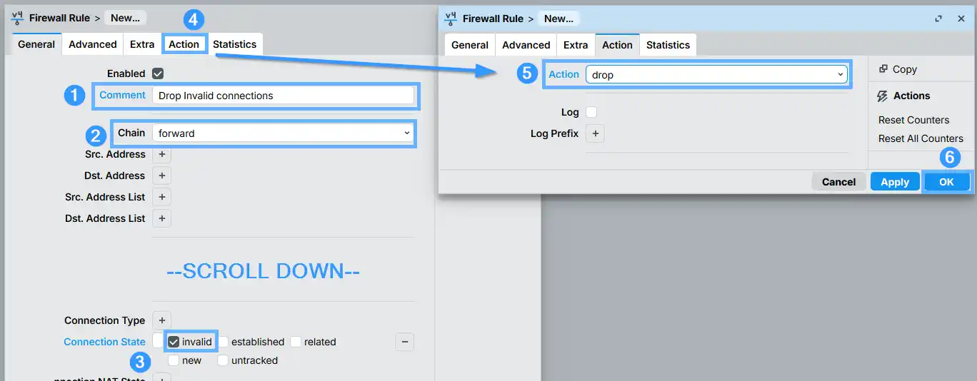 routeros - new firewall rule window