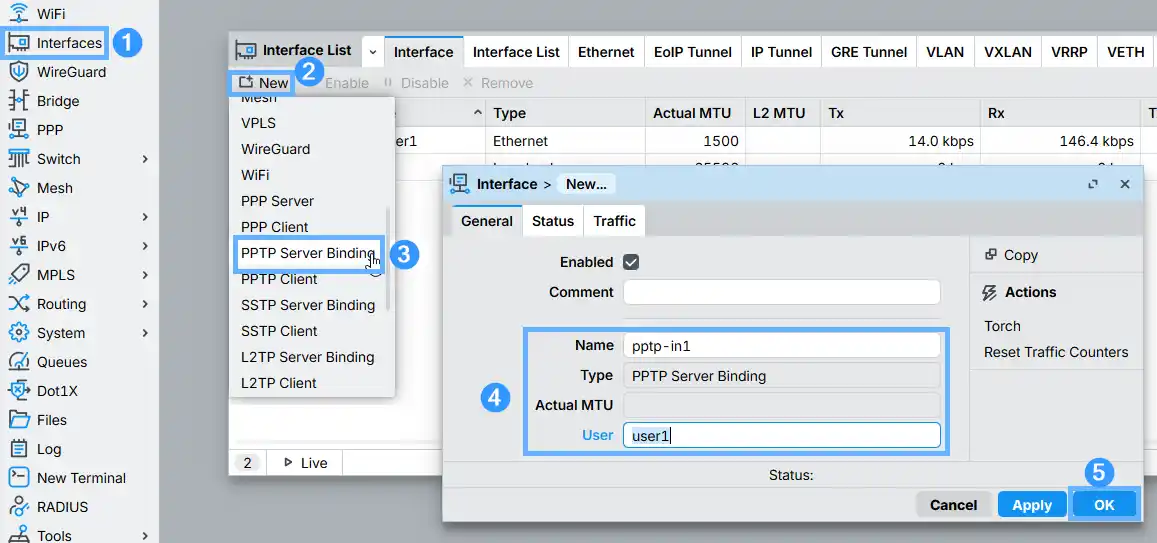 RouterOS WinBox — creating a PPTP Server Binding named pptp-in1 for user1 under the Interface list