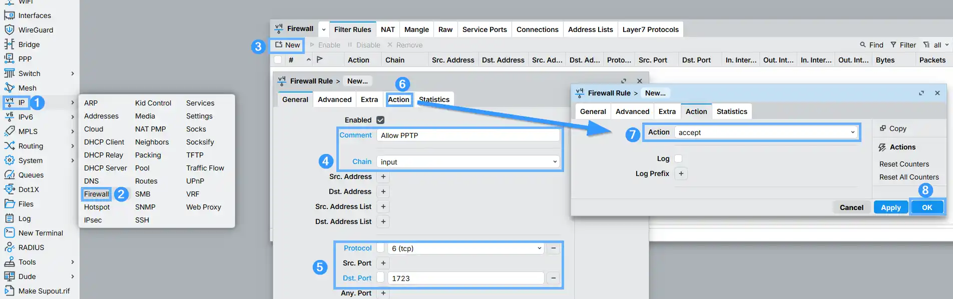 MikroTik RouterOS — Firewall filter rule accepting TCP port 1723 on the input chain for PPTP VPN traffic