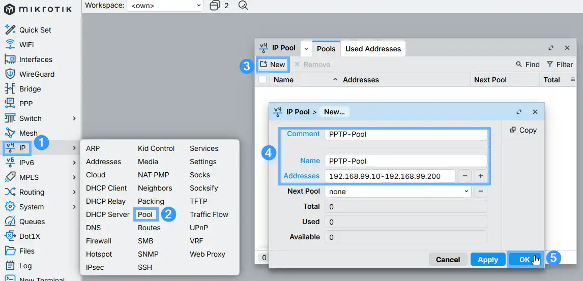 MikroTik RouterOS WinBox — creating a new IP Pool named PPTP-Pool with range 192.168.99.10-192.168.99.200 under IP > Pool