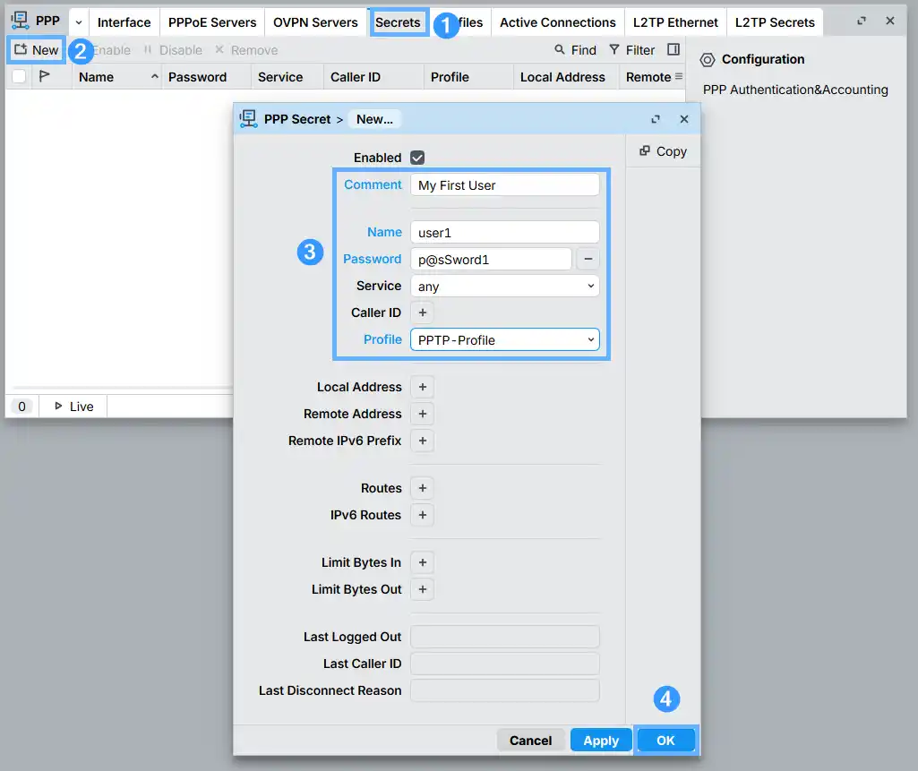 RouterOS WinBox — PPP Secret creation dialog with username user1, password field, and PPTP-Profile selected