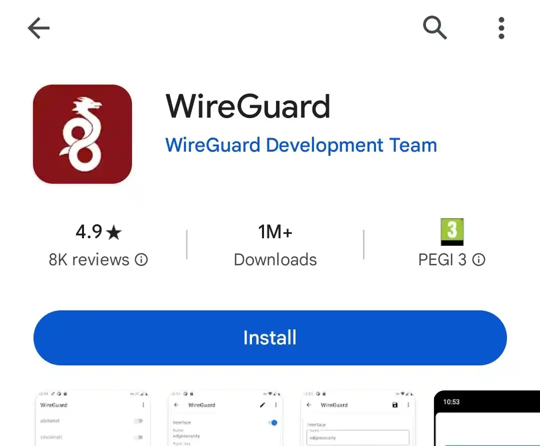 WireGuard app listing in the Google Play Store by WireGuard Development Team
