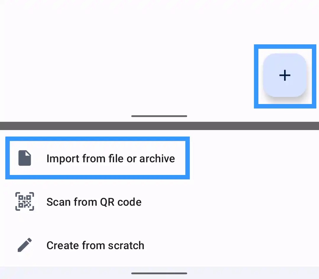 Android WireGuard app, the + add button highlighted, showing the add-tunnel menu with Import from file or archive option highlighted, alongside Scan from QR code and Create from scratch