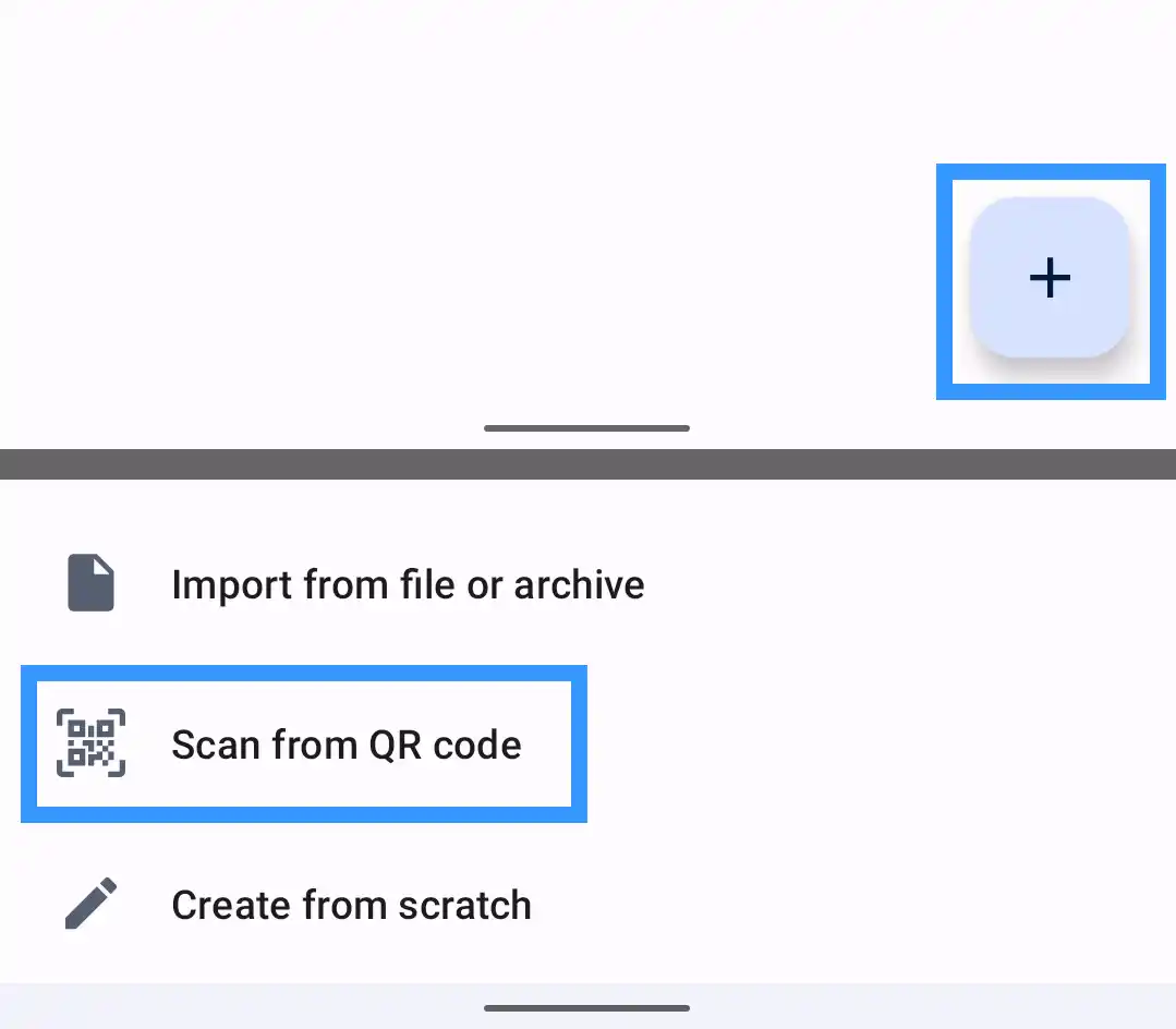 Android WireGuard app, the + button highlighted in the top right corner and the add-tunnel menu open showing Import from file or archive, Scan from QR code (highlighted), and Create from scratch options