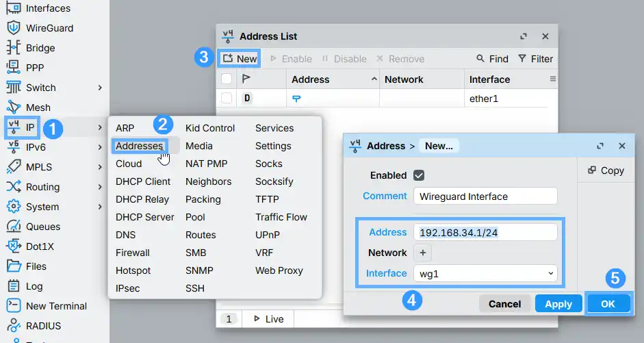 Assigning the IP address 192.168.34.1/24 to the WireGuard interface wg1 in RouterOS — IP > Addresses > New dialog on a MikroTik CHR