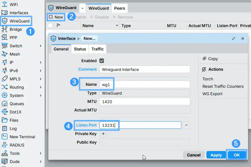Creating a new WireGuard interface in MikroTik WinBox — WireGuard > New dialog with interface name wg1 and listen port field visible, RouterOS v7 CHR