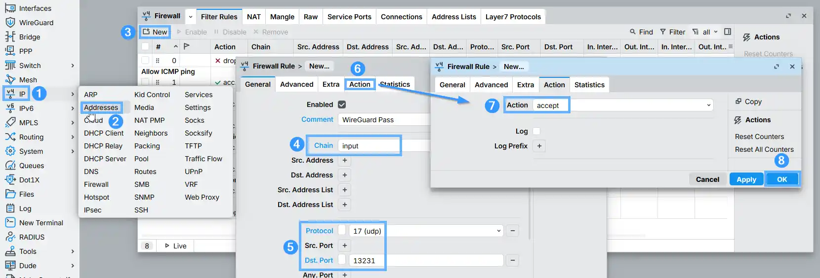 Creating a WireGuard firewall accept rule in MikroTik RouterOS — IP > Firewall > Filter Rules, chain input, UDP protocol, destination port 13231, action accept