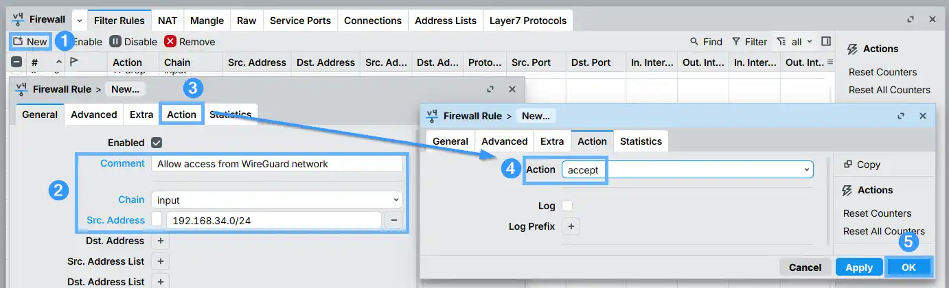 Creating a second WireGuard firewall rule in MikroTik RouterOS — IP > Firewall > Filter Rules, chain input, src-address 192.168.34.0/24, action accept, to allow WireGuard clients to reach internal CHR services