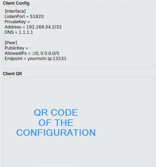 WinBox WireGuard peer dialog - Client Config section showing the auto-generated tunnel configuration with [Interface] block (ListenPort, PrivateKey, Address, DNS) and [Peer] block (PublicKey, AllowedIPs, Endpoint), with the Client QR area below