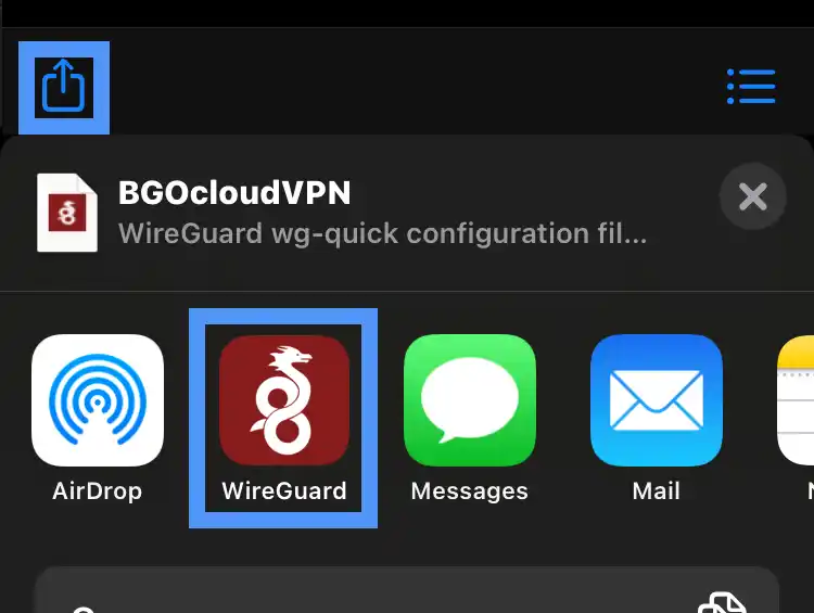 iOS Share sheet for a WireGuard .conf file named BGOcloudVPN, showing AirDrop, WireGuard app (highlighted), Messages, and Mail as share targets