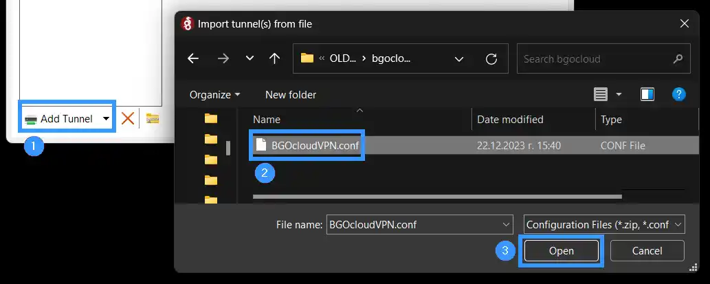 WireGuard Windows Import tunnel(s) from file dialog - Windows file picker browsing a folder, BGOcloudVPN.conf CONF file selected and highlighted, Open button highlighted