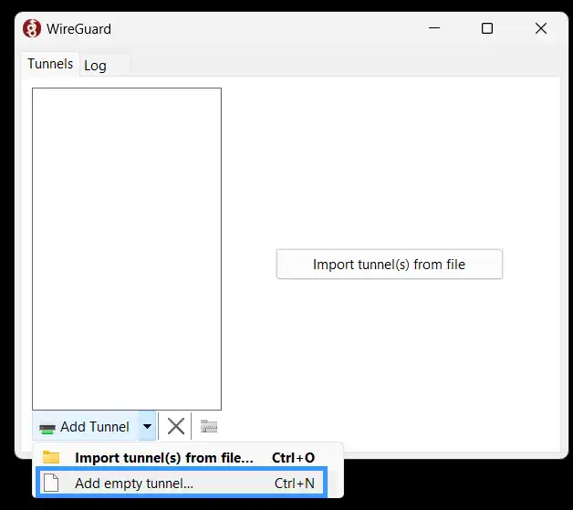 WireGuard Windows app - Tunnels tab empty, showing the Add Tunnel dropdown menu open with Import tunnel(s) from file (Ctrl+O) and Add empty tunnel (Ctrl+N, highlighted) options