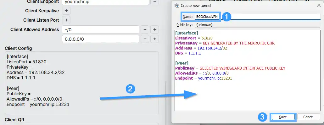 Side-by-side view: WinBox showing the Client Config section of a WireGuard peer (left) with an arrow pointing to the WireGuard Windows Create new tunnel dialog (right) - name field set to BGOCloudVPN, configuration text pasted in with [Interface] and [Peer] blocks highlighted in colour, Save button visible