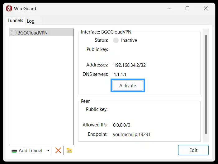 WireGuard Windows app - BGOCloudVPN tunnel selected, showing Status: Inactive, Addresses: 192.168.34.2/32, DNS servers: 1.1.1.1, Peer with Allowed IPs 0.0.0.0/0 and Endpoint yourmchr.ip:13231, with the Activate button highlighted
