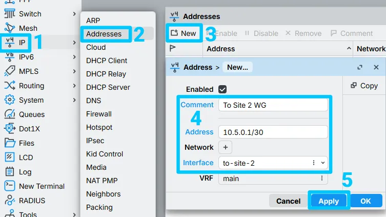 MikroTik IP address configuration assigning 10.5.0.1/30 to the to-site-2 WireGuard interface