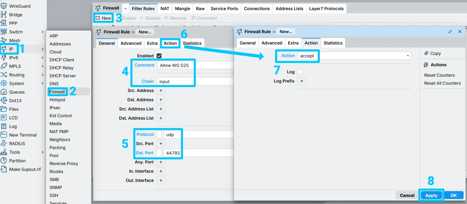MikroTik firewall filter rule allowing inbound UDP traffic on the WireGuard listening port