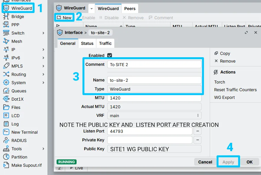 MikroTik WinBox dialog for creating a new WireGuard interface named to-site-2 with a custom listen port