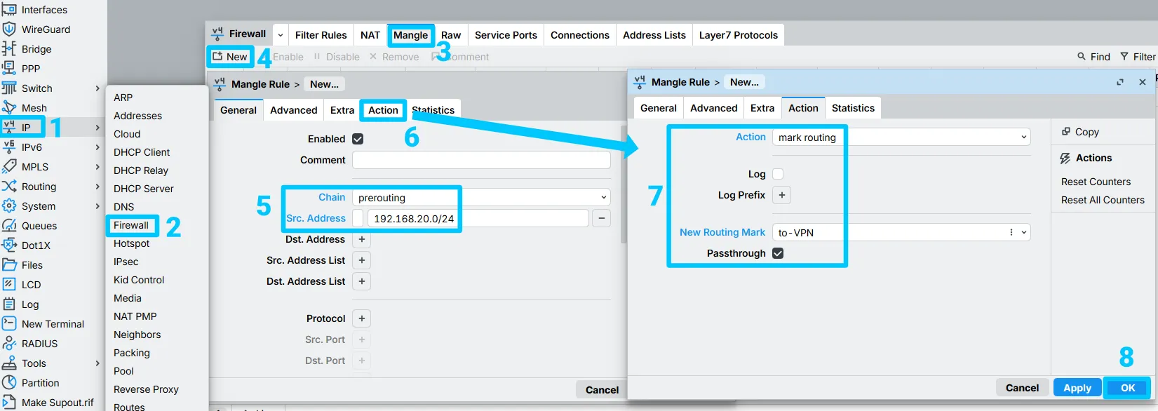 MikroTik mangle rule marking LAN traffic for routing through the to-VPN table