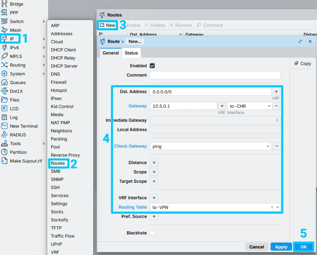 MikroTik route configuration for a default route in the to-VPN routing table with check gateway set to ping