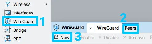 MikroTik WinBox WireGuard Peers tab with the New button highlighted
