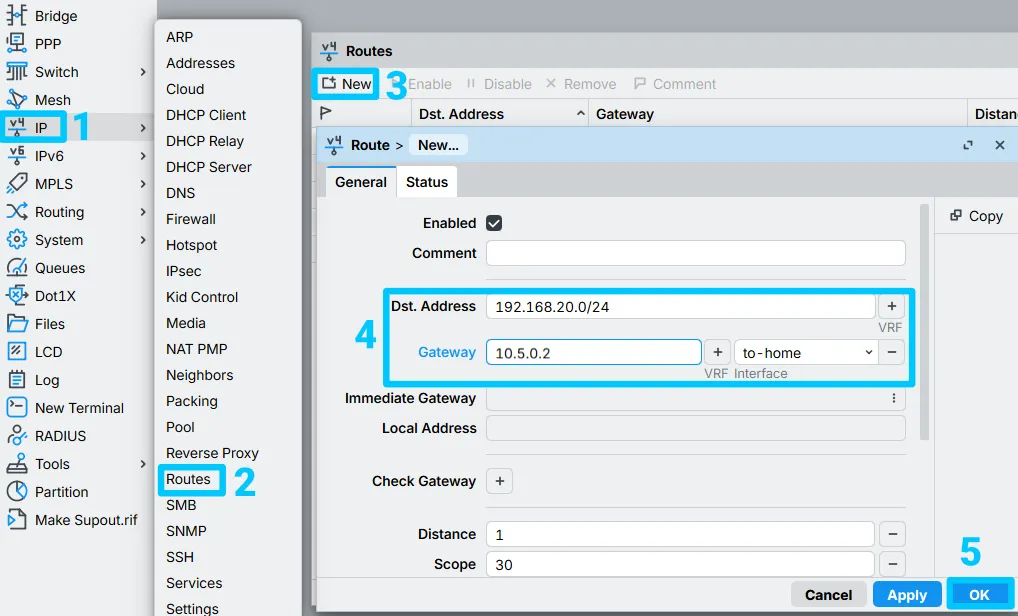 MikroTik return route on the CHR pointing the home LAN subnet at the WireGuard tunnel gateway