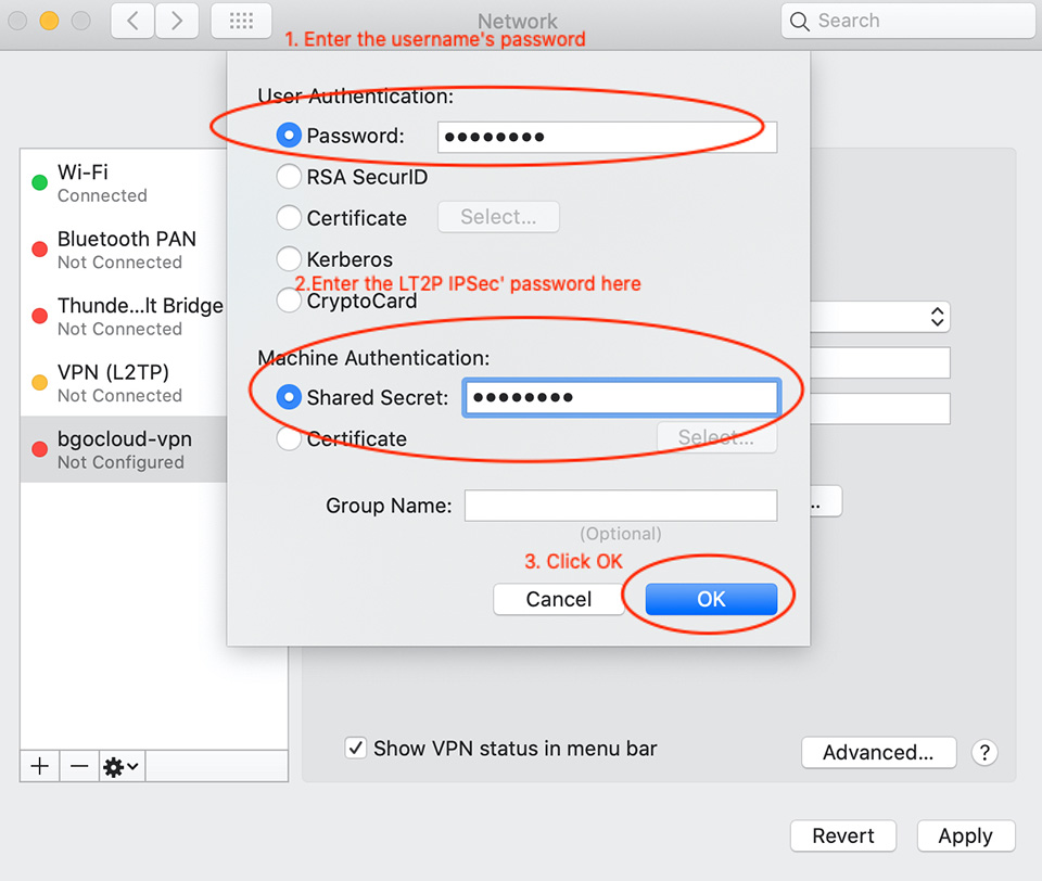 macOS enter the usernames password and IPSec Shared Secret